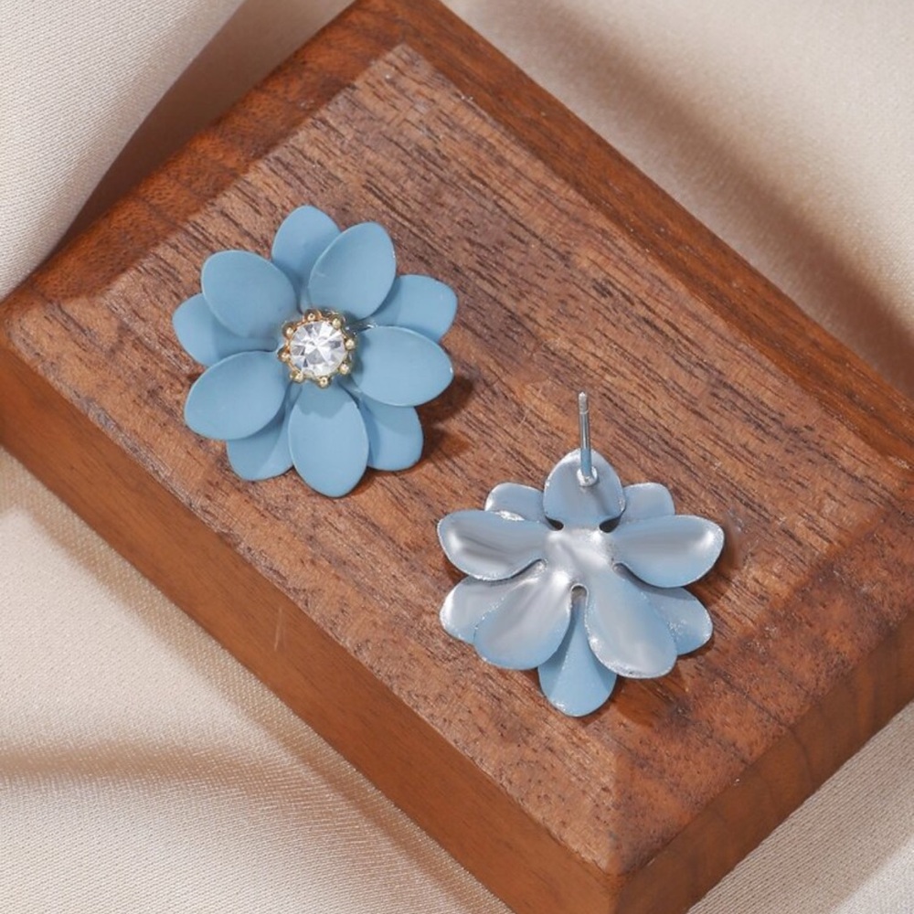 Blue Rhinestone Flower Stud, Wedding, Holiday, Luxury Earrings, Festival gift